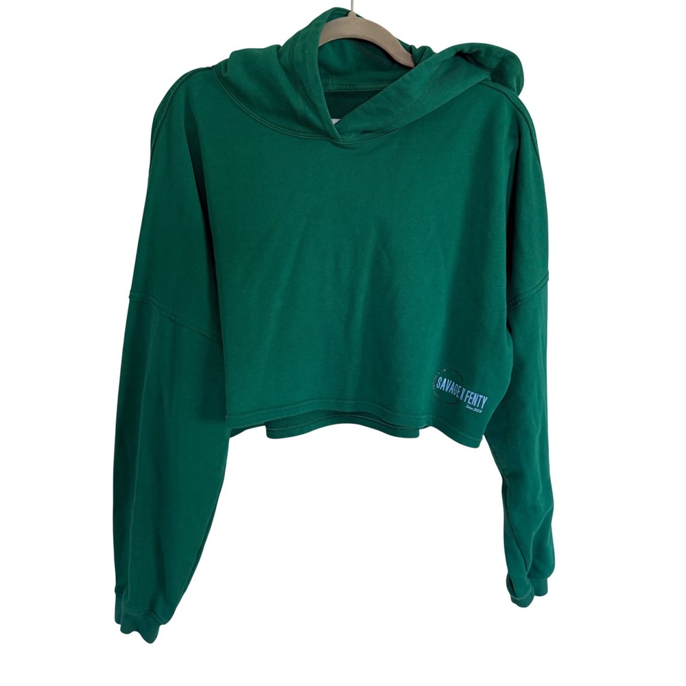 Savage X Fenty Womens Green‎ Cropped Hoodie Sweatshirt Size Large Lounge Travel